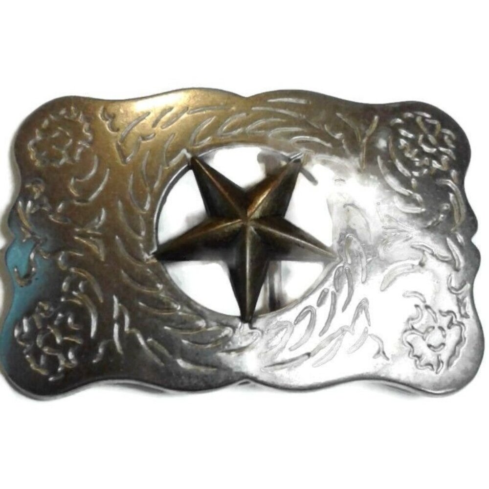 Texas Lone Star Metal Belt Buckle Floral Engraving Vintage
